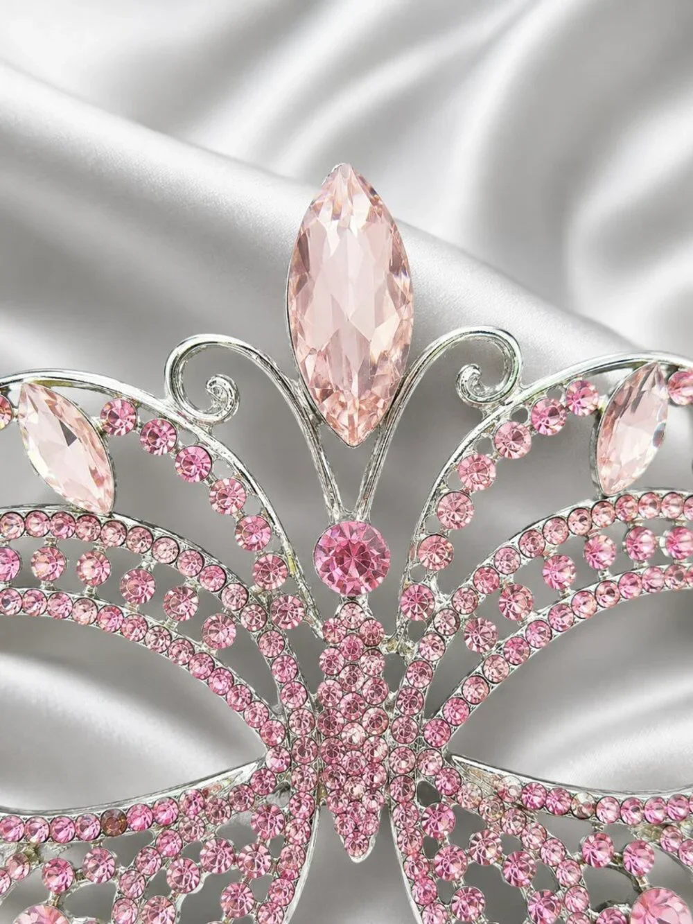 Pink Crystal Masquerade Mask with Silver Stick,Wedding Photo Prop, Prom Mask